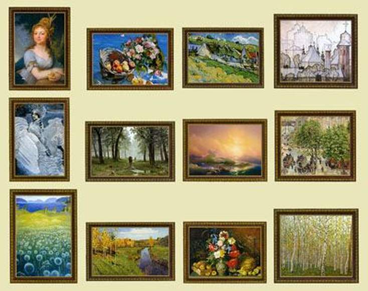 Комплект картин для кабинета изобразительного искусства и черчения, 12 репродукций картин в рамах
