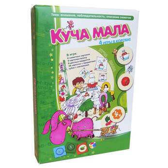 Игра Куча Мала (В комплекте: 36 круглых карточек с изображением предметов, 9 карточек-палитр, 6 игро