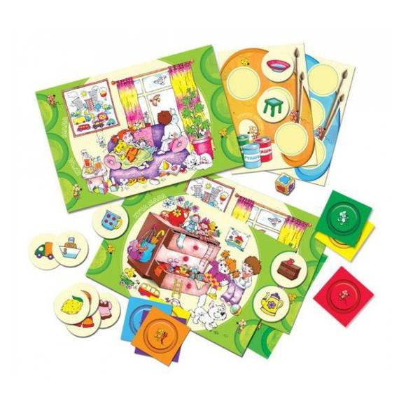 Игра Куча Мала (В комплекте: 36 круглых карточек с изображением предметов, 9 карточек-палитр, 6 игро