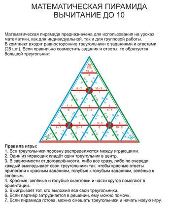 Математическая пирамида Вычитание до 10 раздаточная